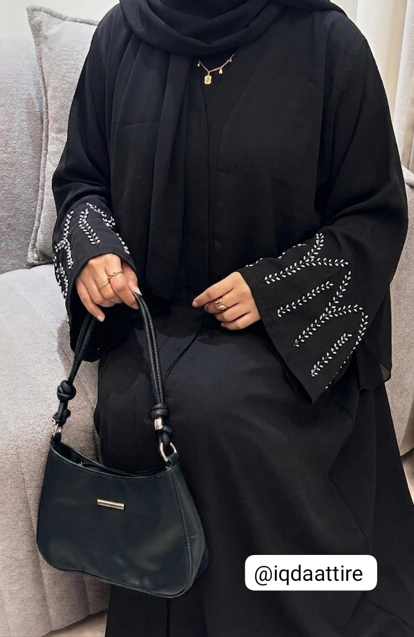 Trendy Handwork Sleeves Abaya – Front Open (Indian Zoom Fabric)