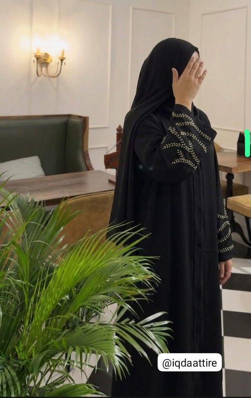 Trendy Handwork Sleeves Abaya – Front Open (Indian Zoom Fabric)