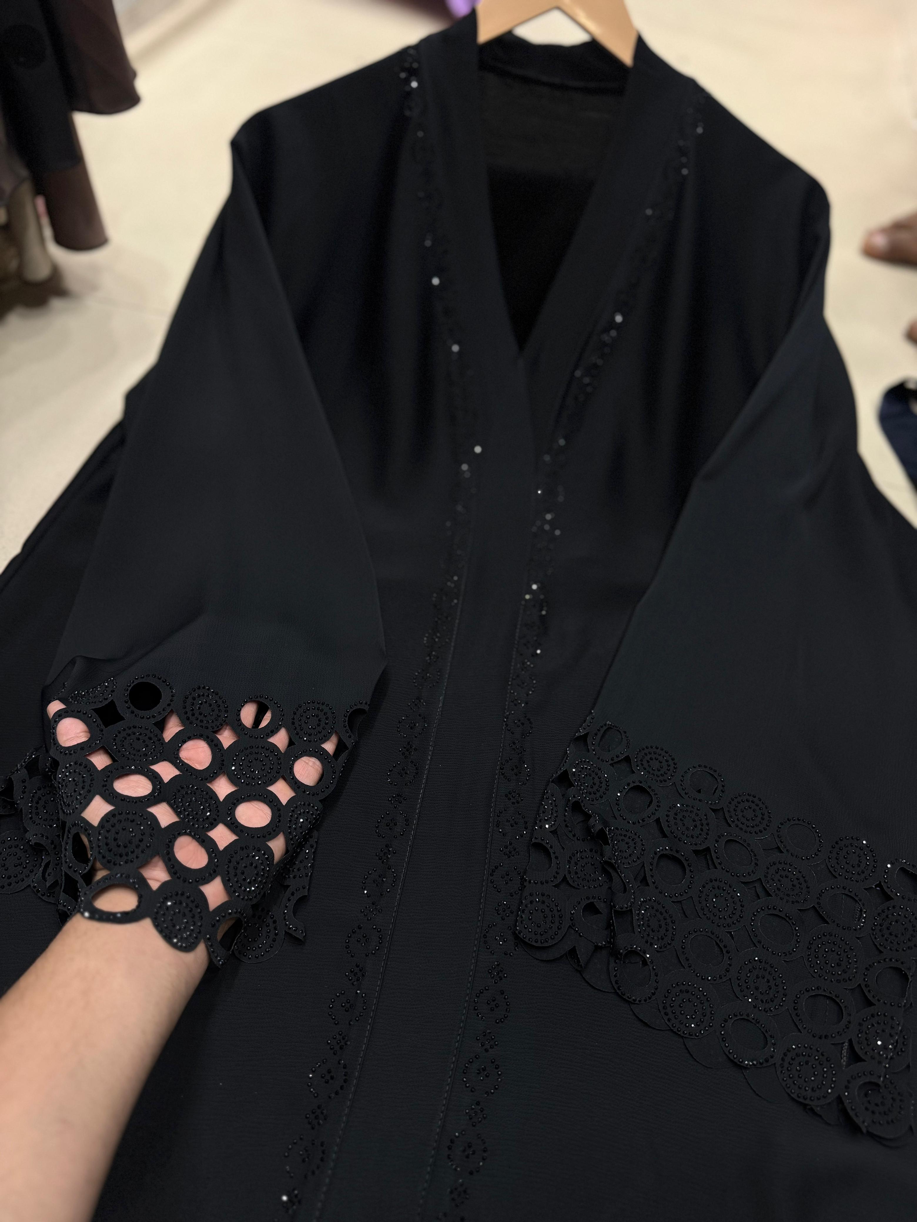 Elegant Sleeves Cutwork Abaya – Imported TikTok Fabric | Premium Stone Work